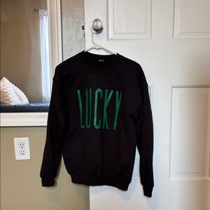 Etsy Black "Lucky" Crewneck Sweater with Green Lettering